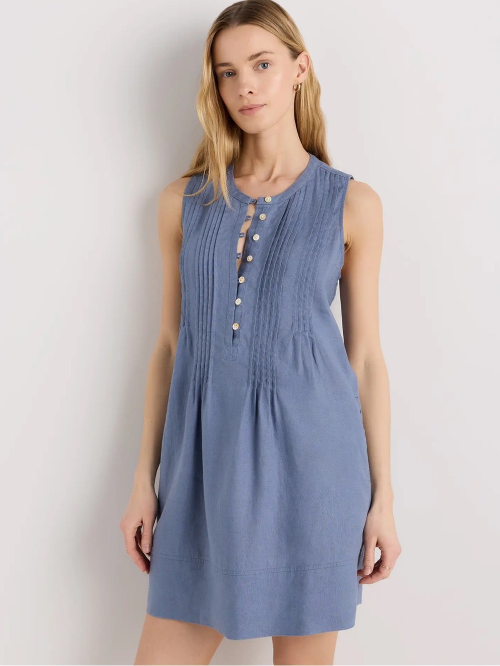 Quince Slate Blue 100% European Linen Sleeveless Pintuck Dress NWT Med